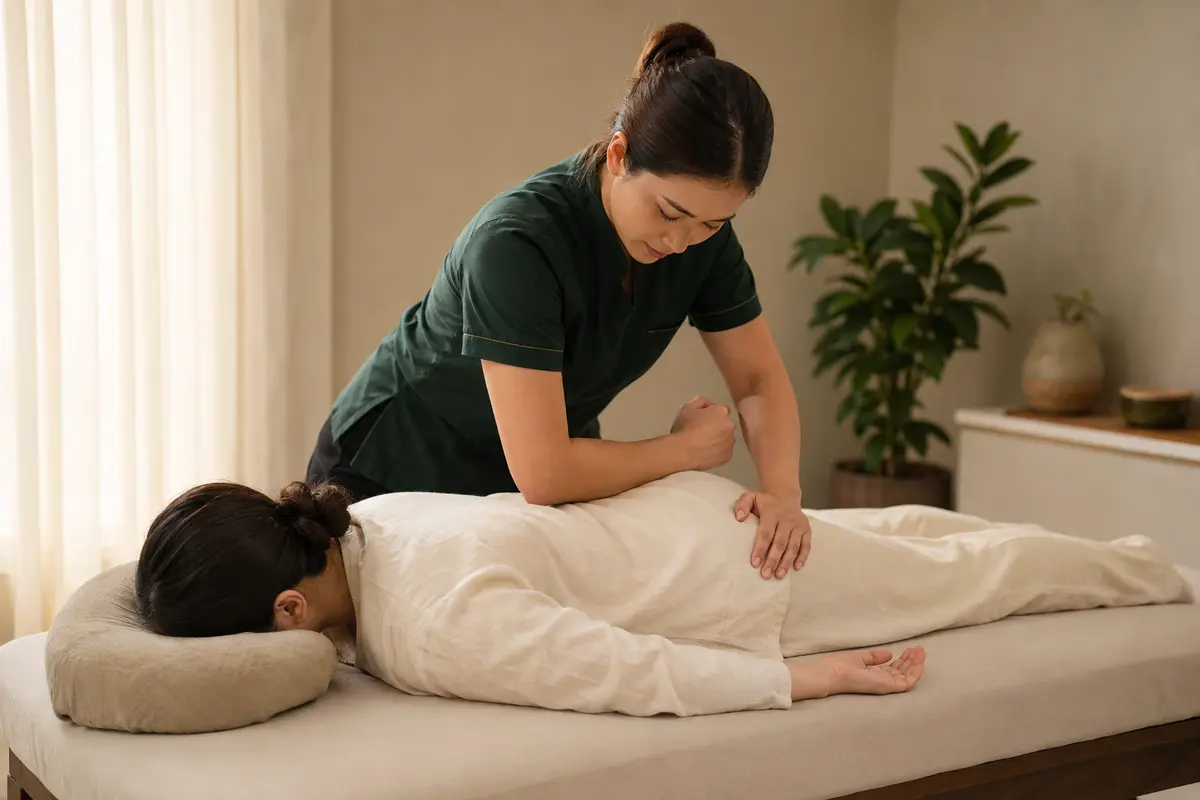 Female therapist providing Thai massage without oil using elbow pressure over clothing